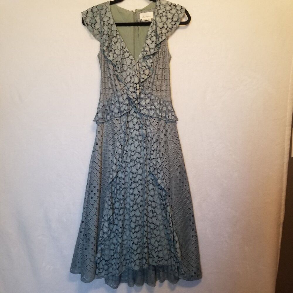 Anthropologie 0 Dress Sage Midi Antoinette Ruffled Lace Crochet Cottagecore Boho